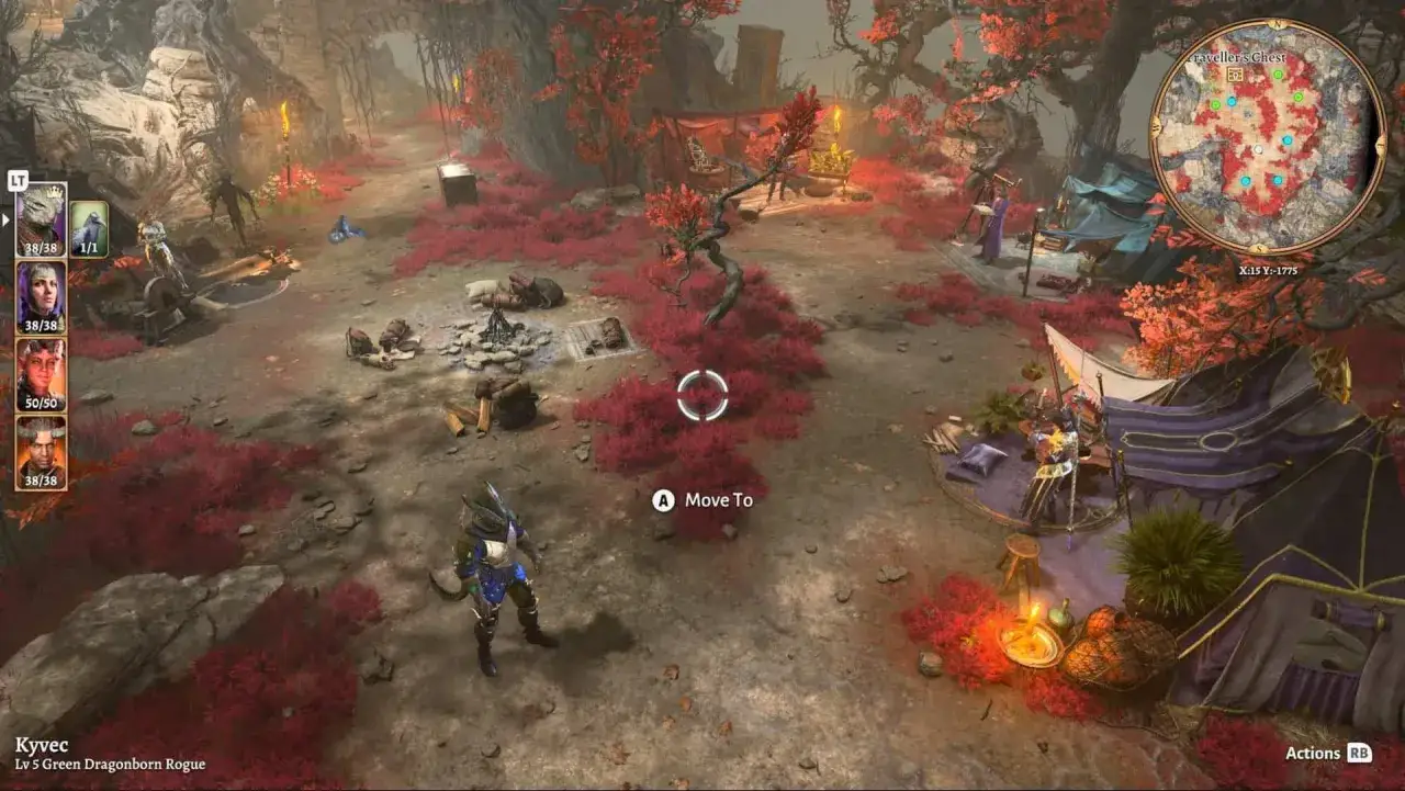 Postać w Baldur's Gate 3 na Xbox Series S eksploruje obozowisko wśród czerwonych krzewów.
