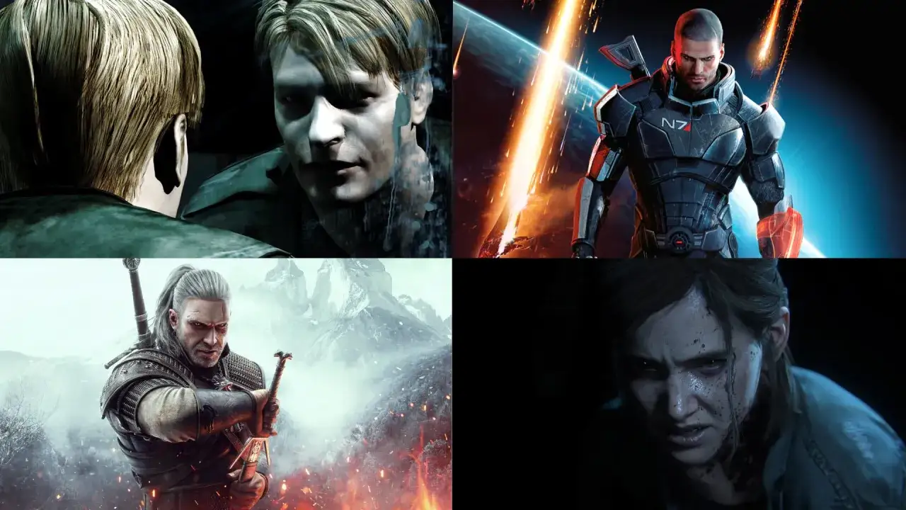 Postacie z gier komputerowych fabularnych: James Sunderland, Komandor Shepard, Geralt z Rivii i Ellie.