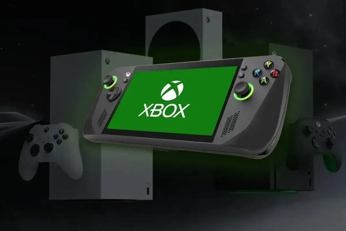 Przenośna konsola z logo Xbox na ekranie, otoczona przez konsole Xbox Series X/S. To przyszłość gamingu, czyli xbox next gen w akcji.