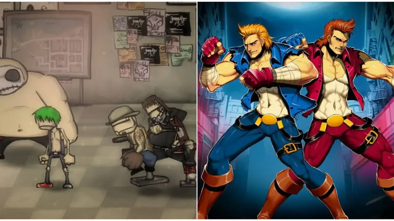 Dwie sceny z gier: stylizowana na komiks postacie w stylu hack and slash i ponure, kreskówkowe postacie.