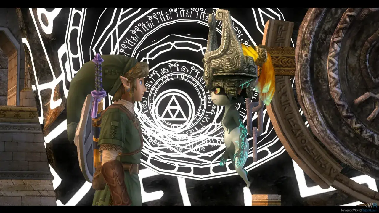 Link i Midna stoją przed tajemniczymi symbolami w grze Twilight Princess na Switch.