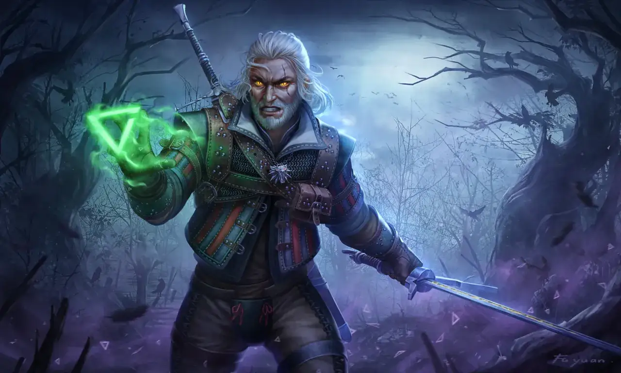 Geralt z Rivii w mrocznym lesie rzuca zielony znak. W ręku trzyma miecz, gotowy do walki.