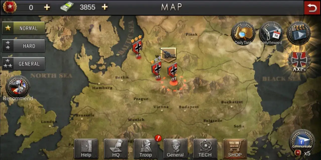 Mapa gry strategicznej z okresu II wojny światowej. Wybierz poziom trudności: Normal, Hard, General. Rozpocznij bitwę!