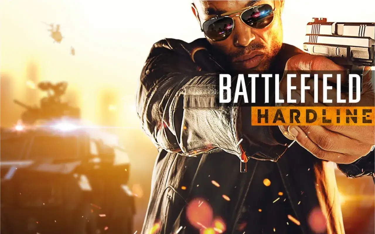 Mężczyzna w okularach przeciwsłonecznych celuje z pistoletu. W tle widać pojazdy i helikoptery. Sprawdź Battlefield Hardline wymagania.
