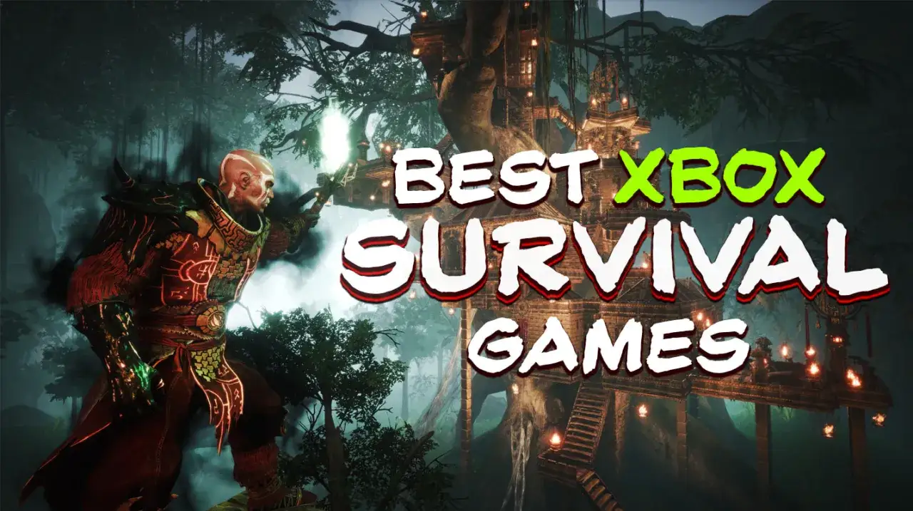 Postać w zbroi trzyma świecący miecz. W tle widać mistyczną wioskę na drzewie. Najlepsze gry survival Xbox.
