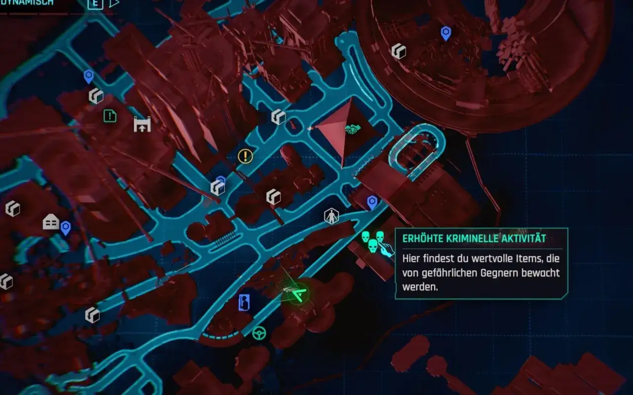 Mapa z gry Cyberpunk 2077. Wskazuje zwiększoną aktywność kryminalną, gdzie nie czas żałować róż, bo czekają cenne przedmioty.