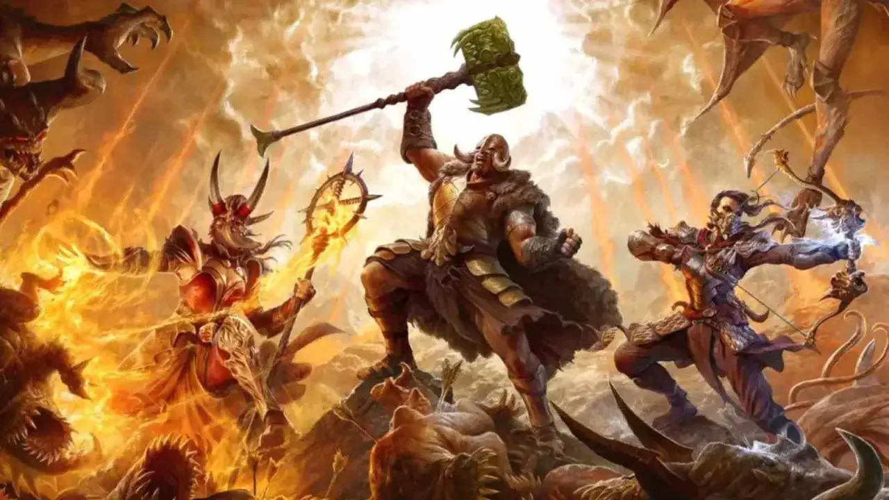 Wojownik z młotem, łuczniczka i mag walczą z demonami. To epicka scena z gry Diablo 4, ukazująca różne klasy postaci.