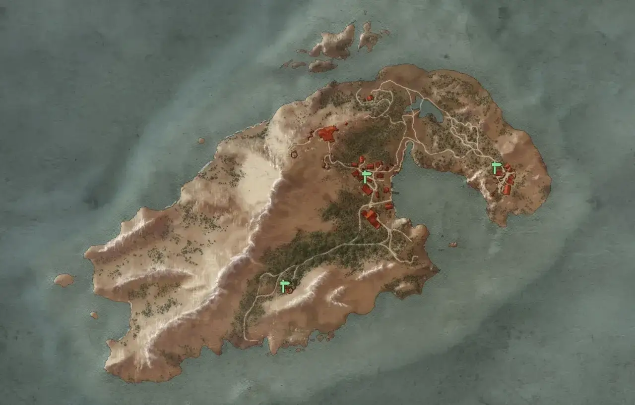 Mapa wyspy z osadami i drogami. Geralt, jako wiedźmin 3 wybraniec bogów, przemierza te tereny w poszukiwaniu przygód.