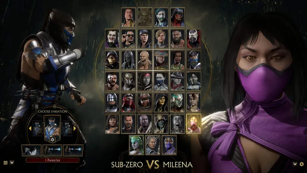 Wybór postaci w Mortal Kombat 11: Sub-Zero kontra Mileena. Widoczni wojownicy i ich ikony.
