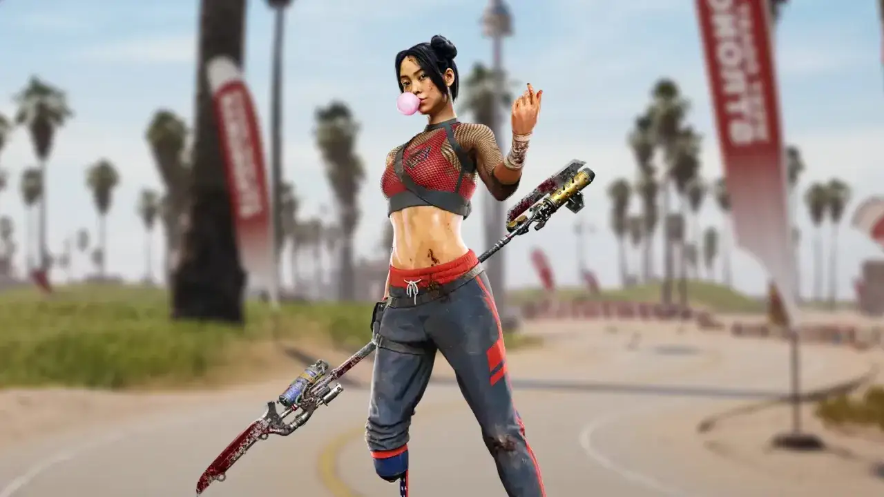 Dziewczyna z protezą nogi i bronią w ręku, żująca gumę. Sprawdź Dead Island 2 wymagania, by zagrać w tę grę!