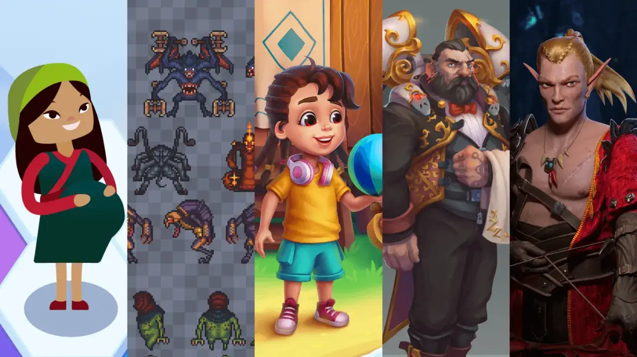 Kolekcja postaci z gier: ciężarna dziewczyna, potwory w pixel art, dziecko z piłką, elegancki mężczyzna i elf. To fragmenty encyklopedia gier.