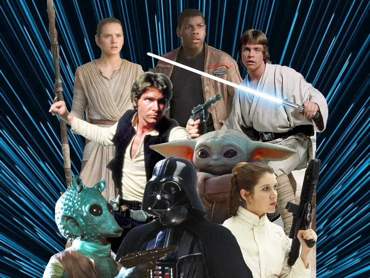 Gwiezdne Wojny postacie dobre: Luke, Leia, Han Solo, Rey, Finn, Grogu i inni bohaterowie walczą ze złem.