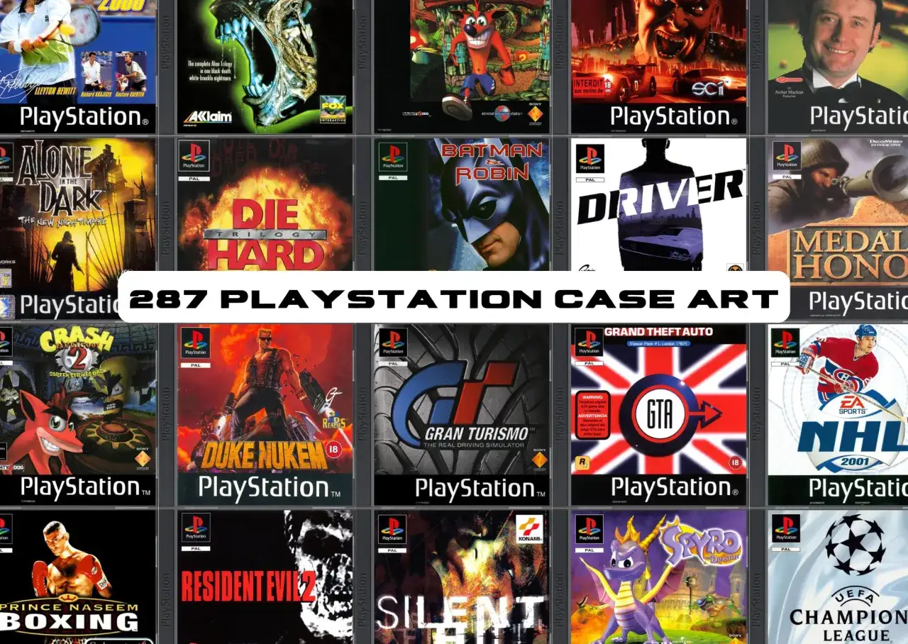 Kolekcja okładek gier na PS1, w tym najlepsze gry na PS1 jak Crash Bandicoot, Duke Nukem 3D, Gran Turismo, GTA i Spyro.