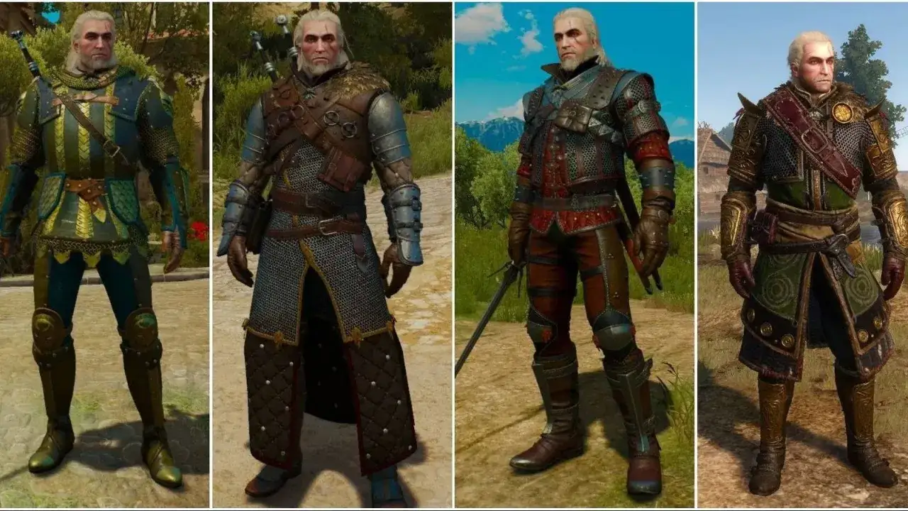 Geralt w czterech różnych rynsztunkach z Wiedźmina 3. Od zielonego, przez szary, czerwony, po bogato zdobiony.