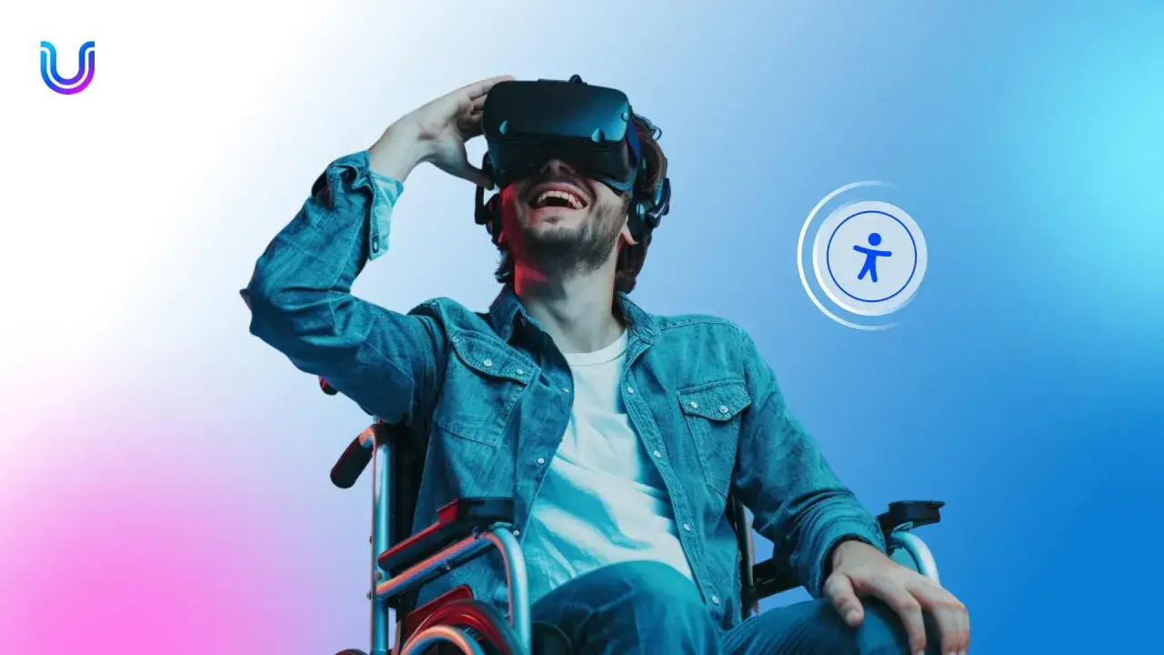 Uśmiechnięty mężczyzna na wózku inwalidzkim cieszy się grami na gogle VR, odkrywając nowe światy.