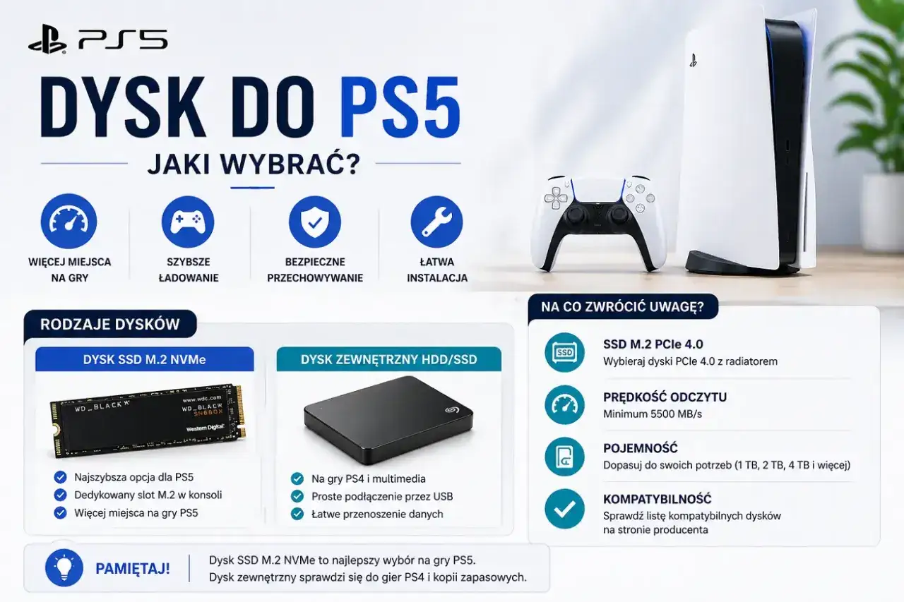 Poradnik wyboru dysku do PS5: SSD M.2 NVMe dla najlepszych wrażeń, dysk zewnętrzny HDD/SSD do gier PS4 i kopii zapasowych.