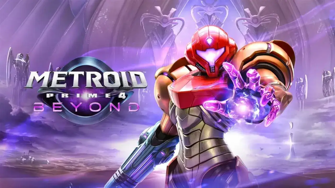 Samus Aran w skafandrze bojowym, gotowa do walki w świecie Metroid Prime 4. Fioletowa energia emanuje z jej dłoni.
