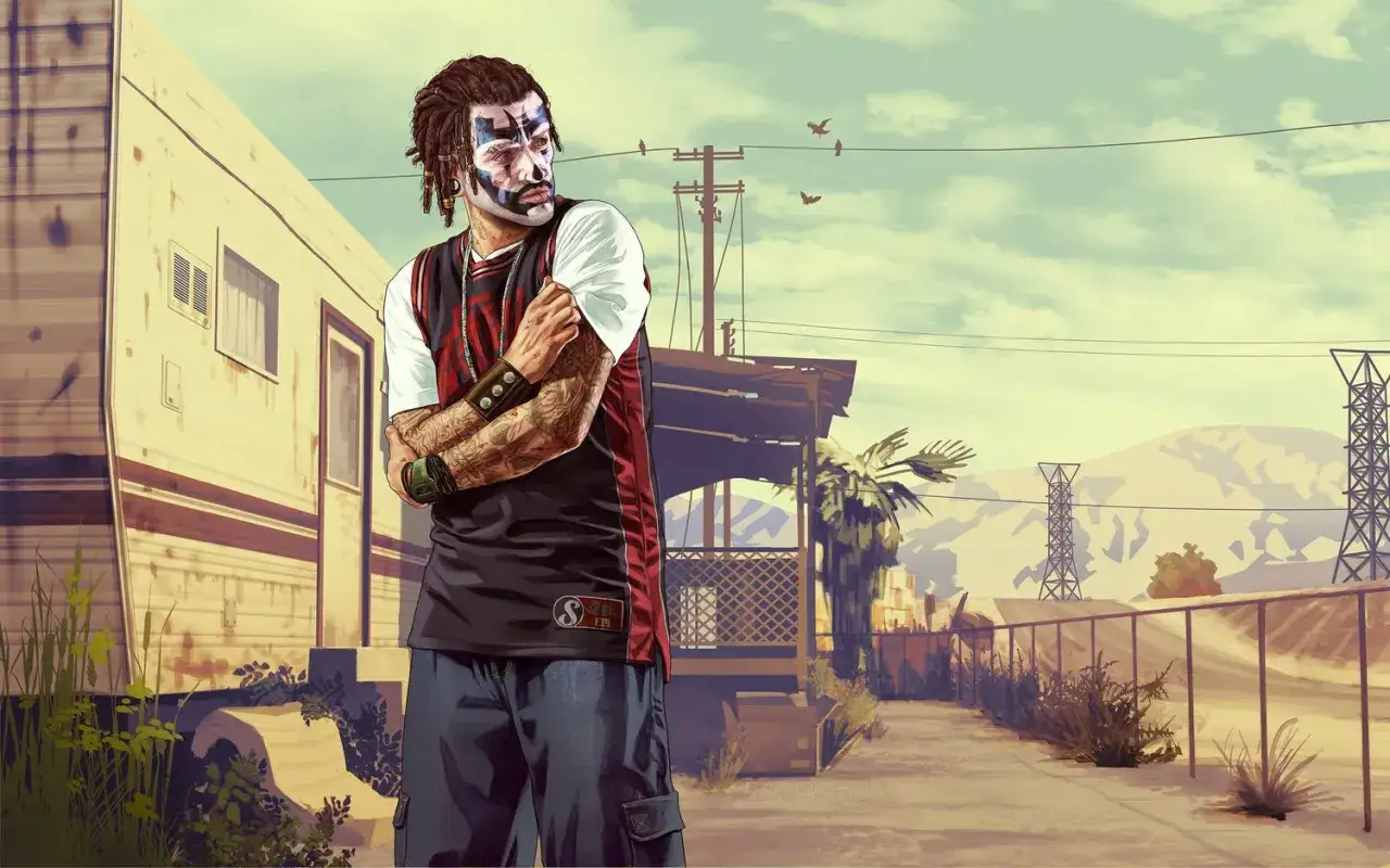 Postacie z GTA 5: Trevor z makijażem klauna, stojący obok przyczepy kempingowej na pustynnym tle.