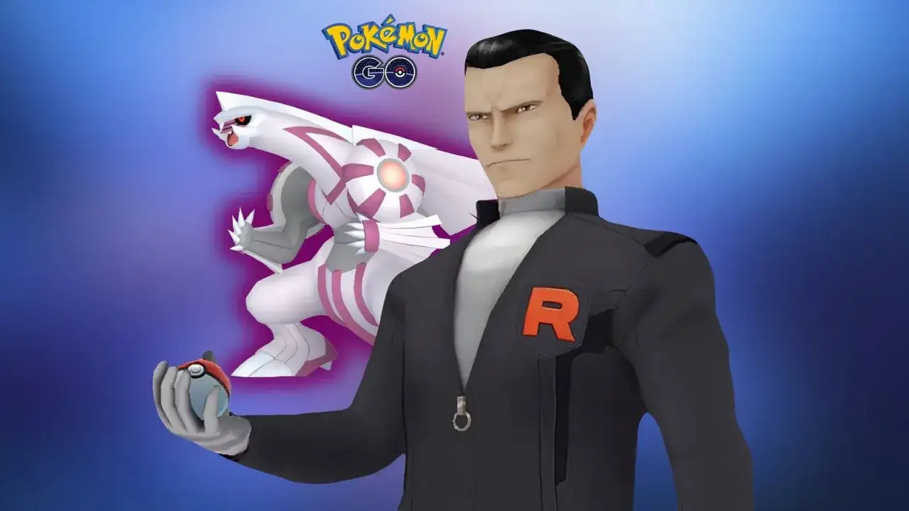 Giovanni z Pokémon GO trzyma Poké Balla, obok niego Palkia.