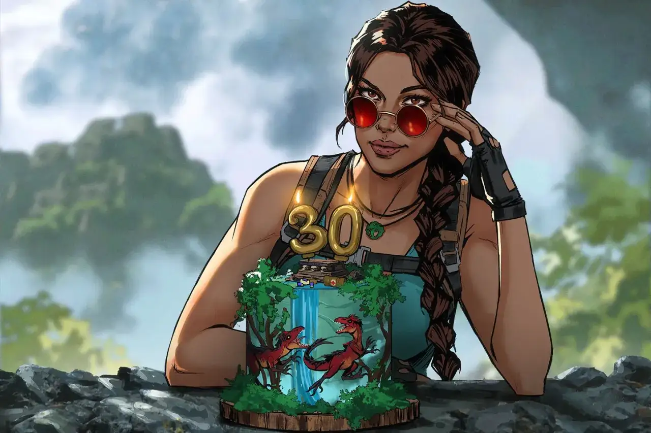 Lara Croft z okularami i tortem z raptorami świętuje 30 lat gier Tomb Raider.