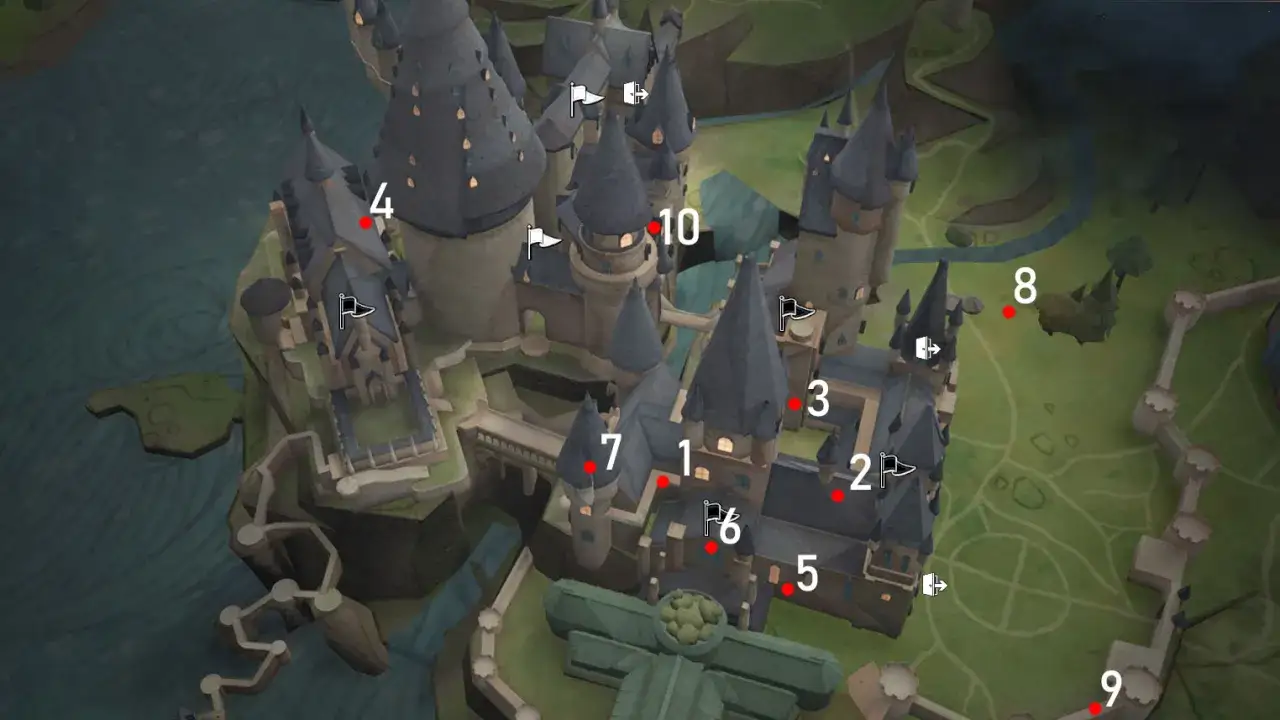 Mapa Hogwartu z zaznaczonymi punktami, gdzie można znaleźć posążki Demimoza.