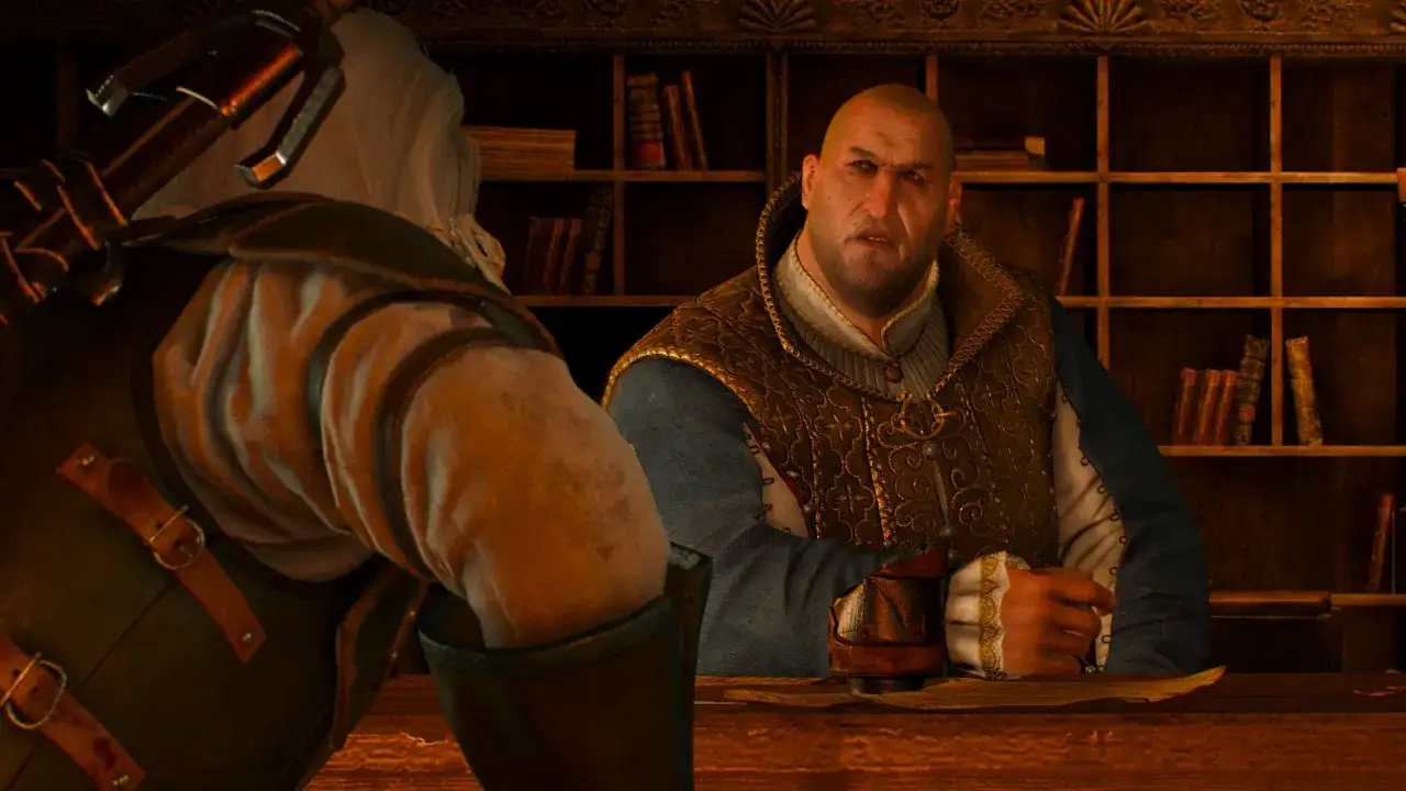Geralt rozmawia z kupcem o skarbie hrabiego Reuvena.