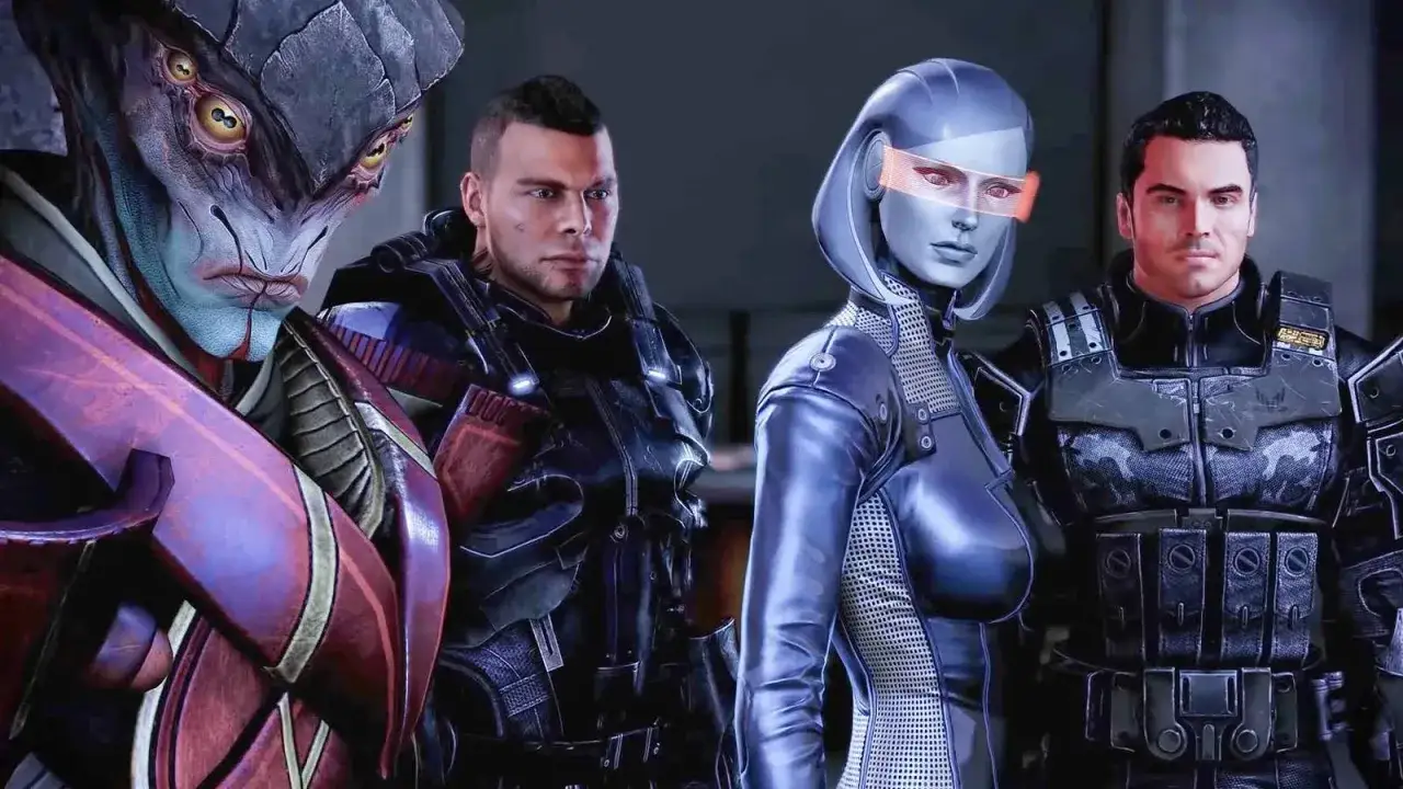 Grupa bohaterów z Mass Effect, gotowa do akcji. Ten poradnik pomoże Ci przejść przez galaktykę.