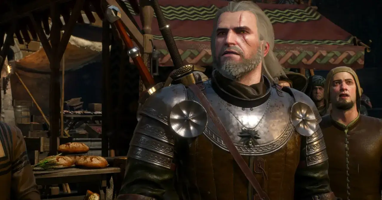 Geralt w zbroi, która wygląda jak wiedźmin 3 najlepszy rynsztunek, stoi na targu. Obok niego inni ludzie.