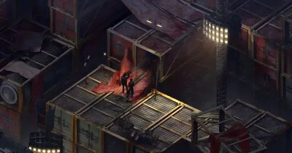 Dwie postacie stoją na zniszczonej platformie wśród kontenerów. Scena z Disco Elysium poradnik, mroczna i deszczowa.