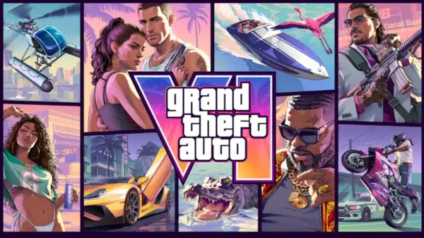 Kolaż z gry **GTA 6**: helikopter, para z bronią, łódź z flamingiem, mężczyzna z karabinem, kobieta, żółty supersamochód, aligator, mężczyzna w okularach i motocyklista na tylnym kole.