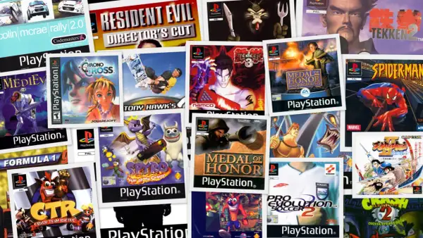 Kolekcja okładek gier na PS1: Tekken, Spyro, Crash Bandicoot, Spider-Man, Medal of Honor, Pro Evolution Soccer 2. To najlepsze gry na PS1!
