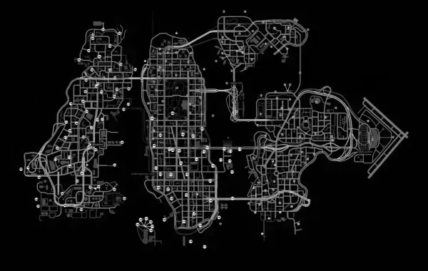 Mapa Liberty City z zaznaczonymi punktami, przydatna do znajdowania sekretów i wykonywania misji w grze GTA 4 na PS3.