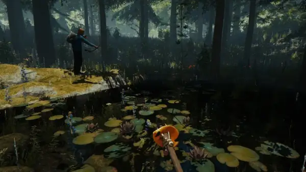 Gracz z łukiem w mrocznym lesie, otoczony przez lilie wodne. Klimat gier survivalowych na Xbox.
