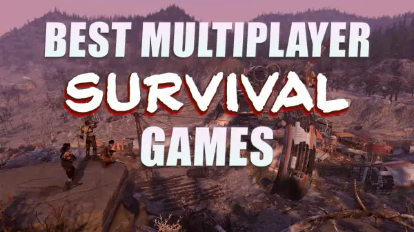 Postapokaliptyczny krajobraz z trzema postaciami, tekst "BEST MULTIPLAYER SURVIVAL GAMES".