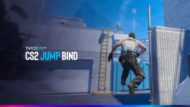 Gracz CS2 wykonuje skok z bindem, by zdobyć przewagę. Tekst "CS2 JUMP BIND" na obrazku.
