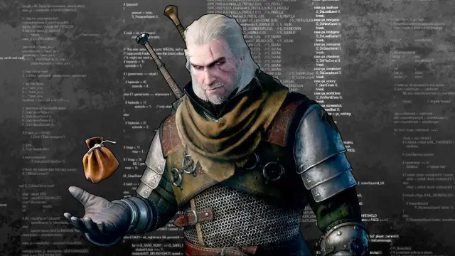Geralt z Rivii w otoczeniu kodu gry Wiedźmin 3, z sakiewką złota w dłoni.