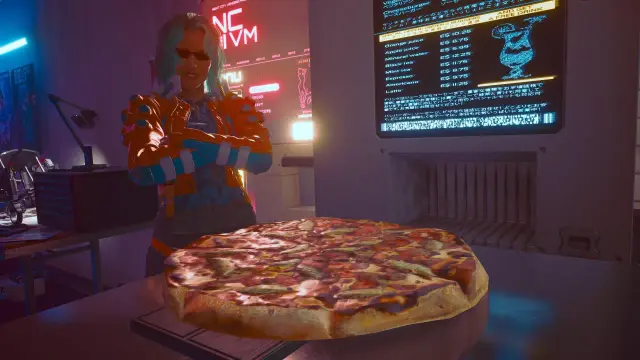 Cyberpunkowa dziewczyna z niebieskimi włosami i neonowym strojem cieszy się pizzą, idealną na pizza party w stylu cyberpunk.