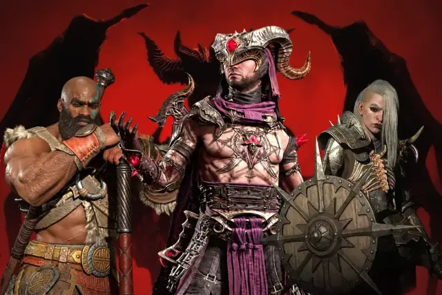 Trzech bohaterów Diablo 4: potężny wojownik, czarodziej z rogami i wojowniczka z tarczą. Idealny diablo 4 czarodziej build czeka!