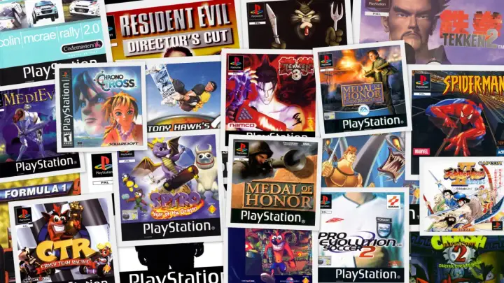 Kolekcja okładek gier na PS1: Tekken, Spyro, Crash Bandicoot, Spider-Man, Medal of Honor, Pro Evolution Soccer 2. To najlepsze gry na PS1!